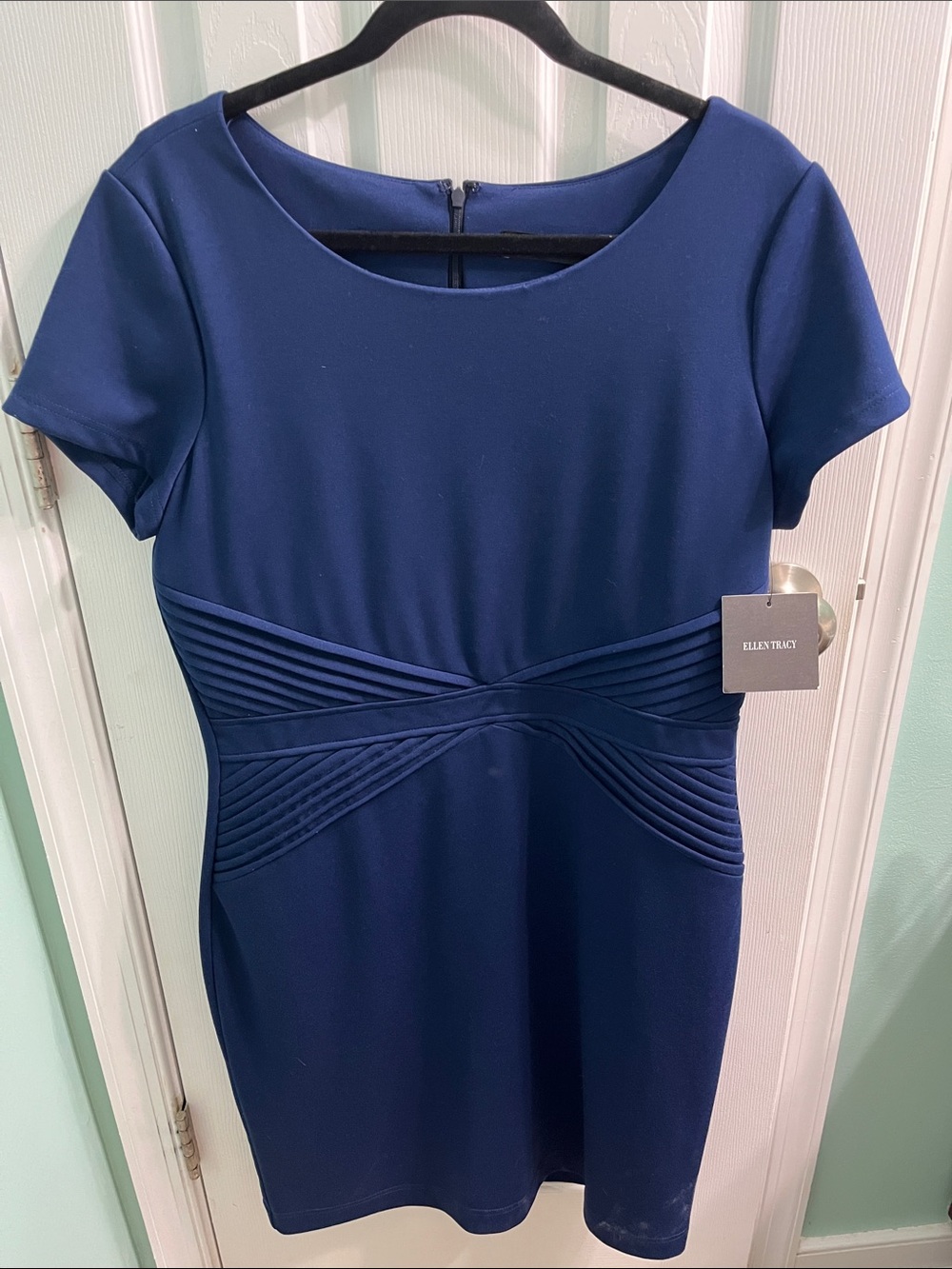 Ellen Tracy Royal Blue Short-Sleeve Sheath Dress with Pleated Waist